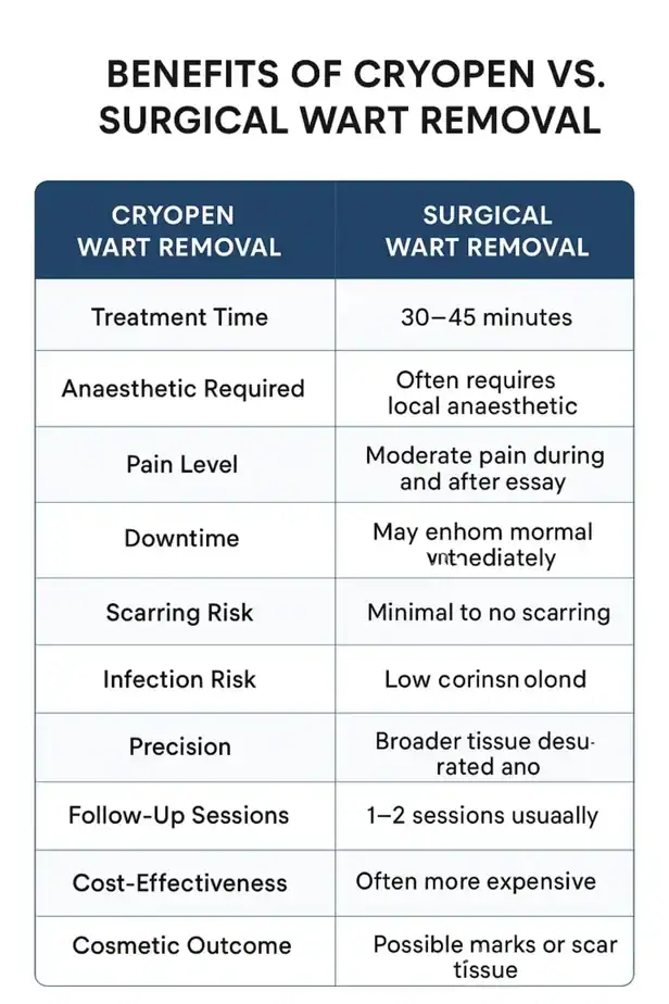 Table showing the benefits of cryopen to remove warts Willesden compared to surgical treatment
